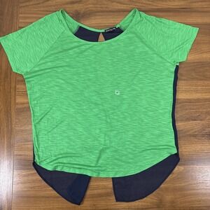 EXPRESS  Green & Navy Blue Colorblock Schlub Knit Hi Lo Short Slv T Shirt Size M